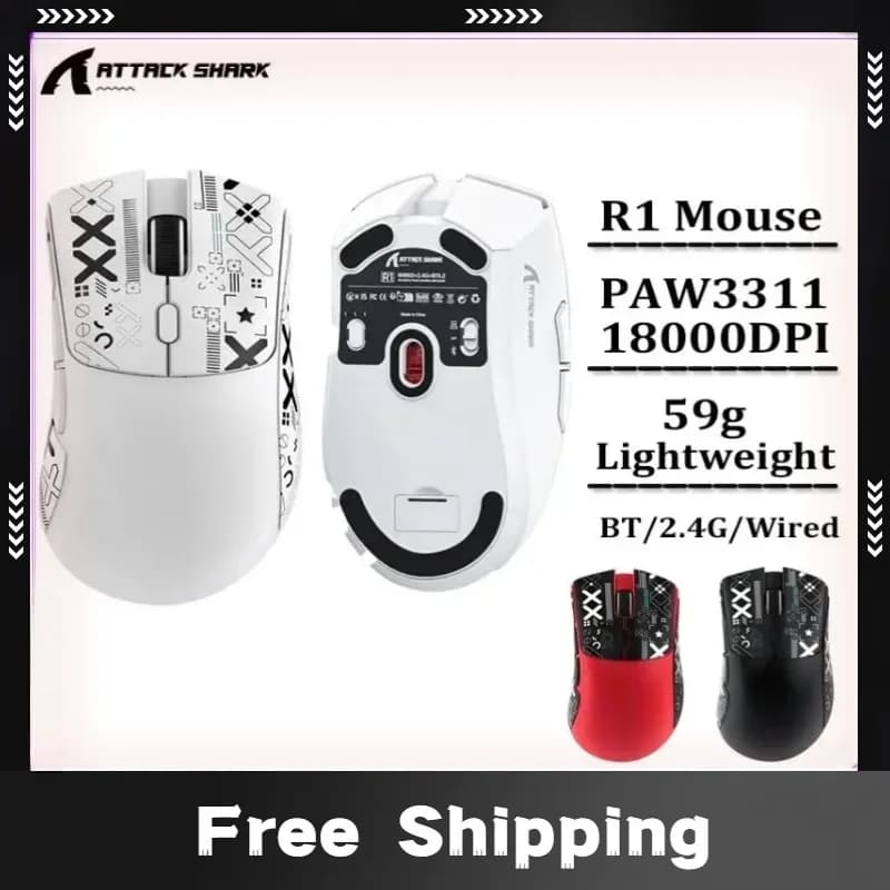 Wireless Game Mouse Tri-mode Attack Shark R1 Bluetooth Connection USB 2.4G Mouse macro 18000 DPI 1000 Hz for PC