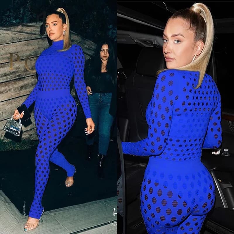 Sexy Breathable Mesh Sports Suit Close-Fitting High Neck Hole Knitted Street Fashion Trend Perspective