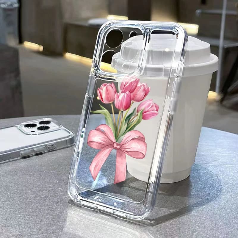 Custodia Protettiva Trasparente Trendy con Fiocco a Tulipano Rosa per Xiaomi Redmi Note 14 13 12 Pro Plus 14 12S 12 11 10 14C 13C 4G 5G