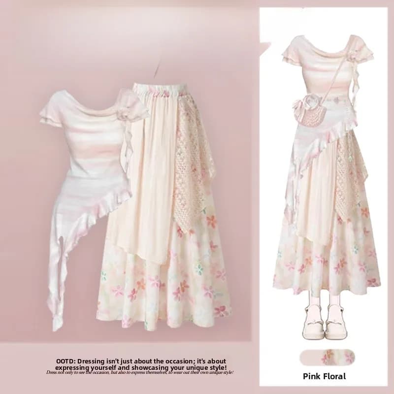 Completo due pezzi estivo 2026 Dopane Pure Desire Tie Dye con gonna midi asimmetrica e gonna a stampa floreale versatile