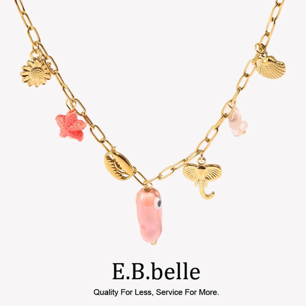 E.B.belle Pink Style Fish Flower Shell Pendant Necklace For Women Girls New Design Pvd Plating Stainless Steel Party Jewelry