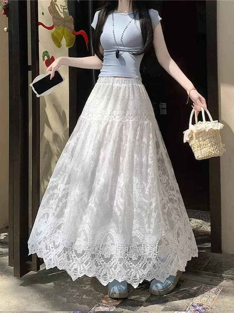 plus Size Women's High Waist Lace Hook Embellished A-Line Midi Skirt Casual Summer Fashion plus Size Clothing Shape