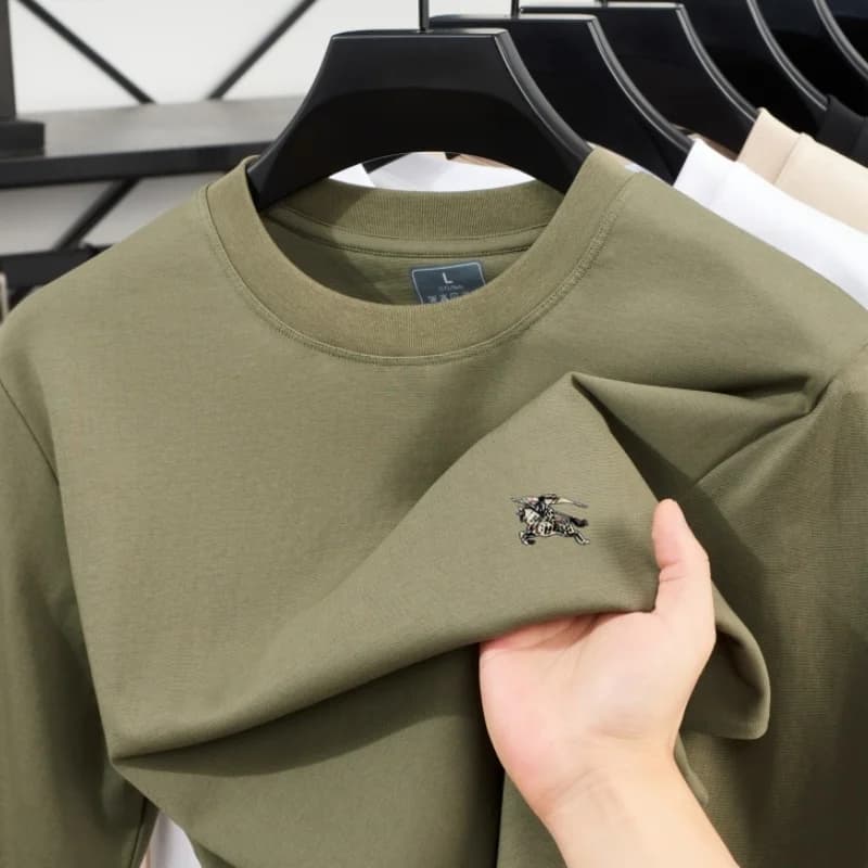Maglietta da uomo in cotone premium a girocollo, a maniche lunghe, lussuosa, confortevole, traspirante, di alta gamma, per golf, business casual, leggera, alla moda, ricamata.
