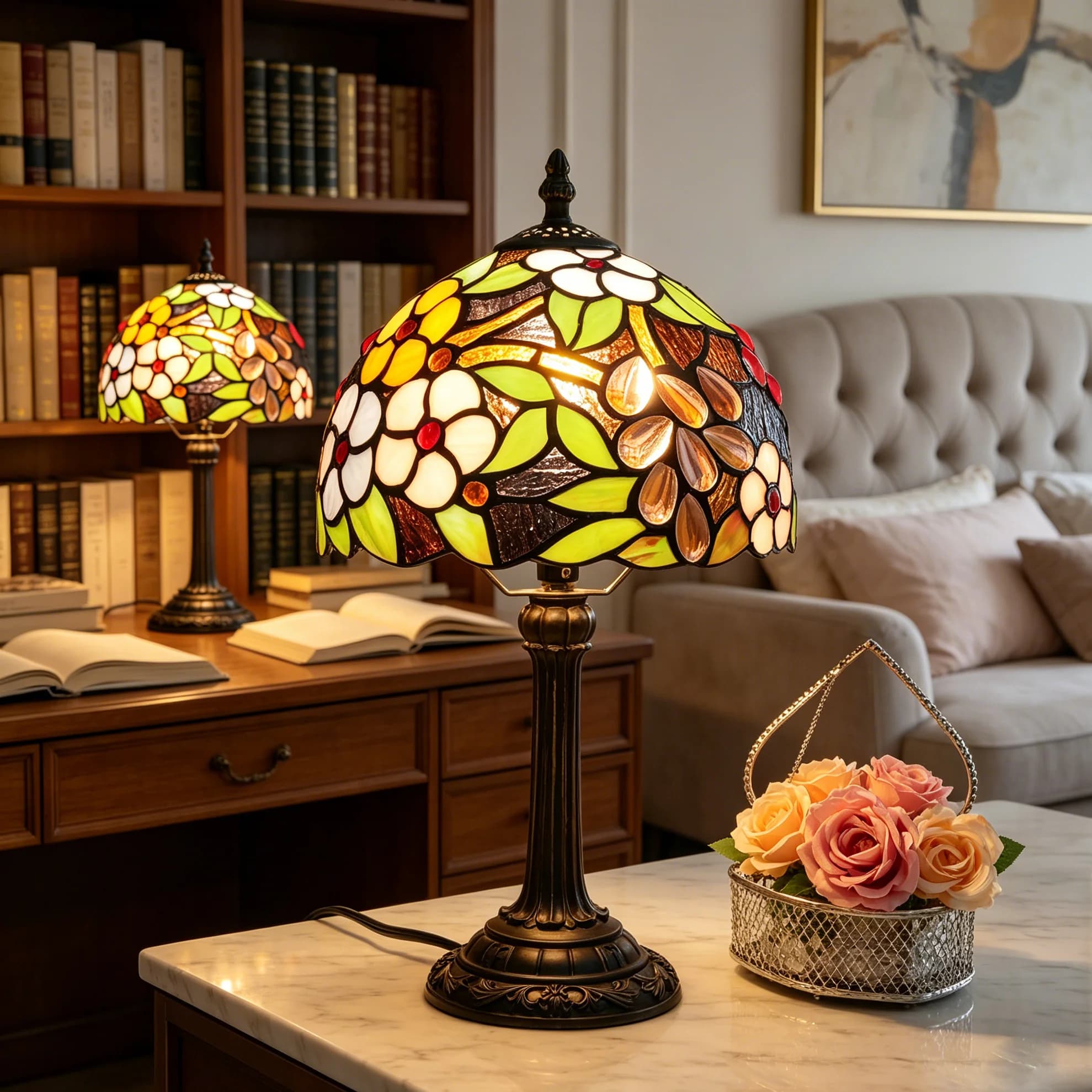Small Stained Glass Table Lamp,8 inch Rural style Grape fruit Tiffany Style lamp,for Bedside Living Room Office Decor Home