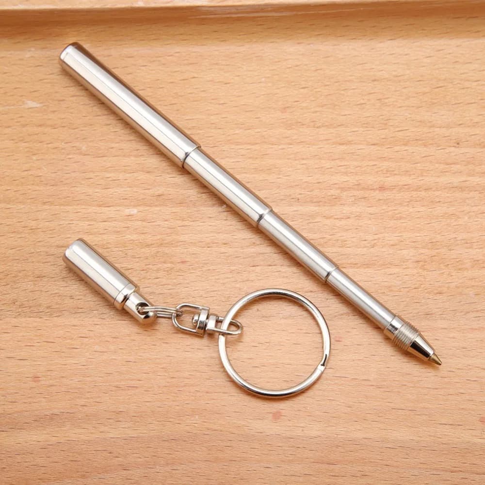 Penna Telescopica in Acciaio Inossidabile 2 in 1 Multifunzionale con Portachiavi, Penna a Sfera Retrattile Argento con Anello Portachiavi