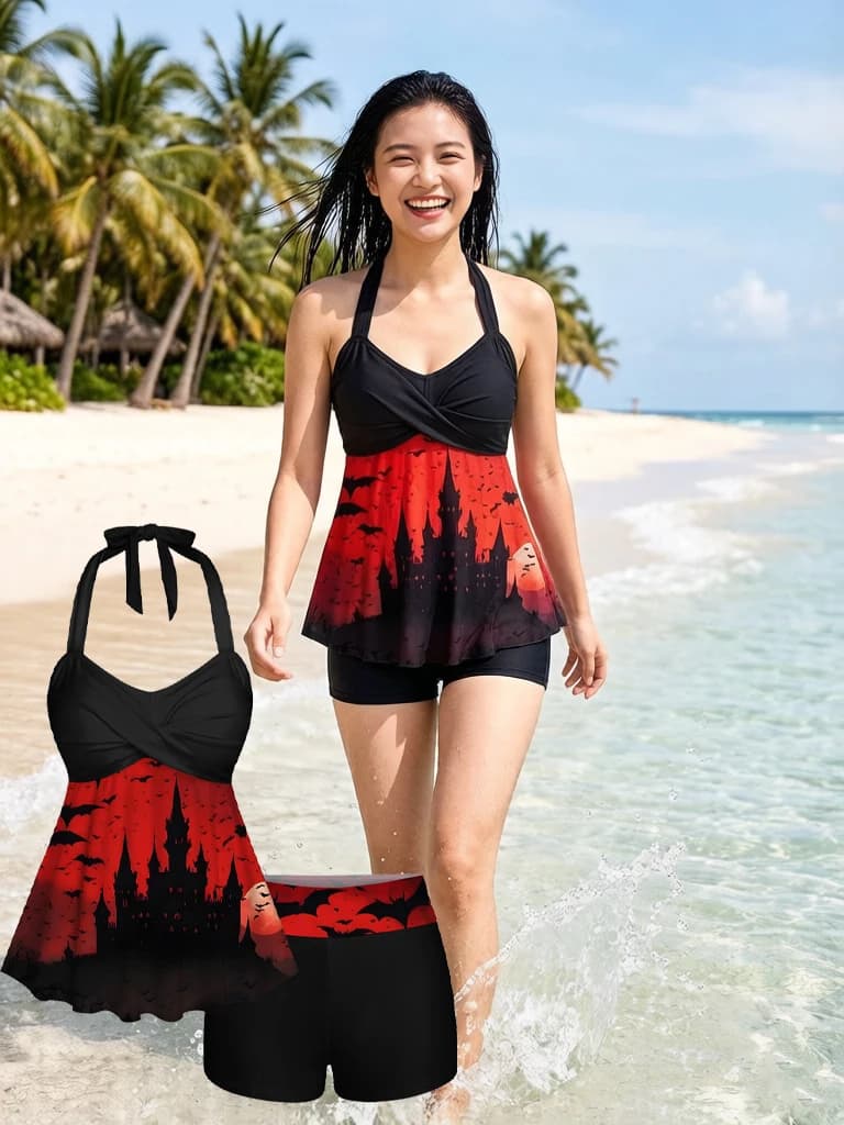 Women Tankini Swimmwears Two Pieces Bat Moon Castle Print Halloween Ombre Twist Halter Backless Boyleg Tankini Swimsuit
