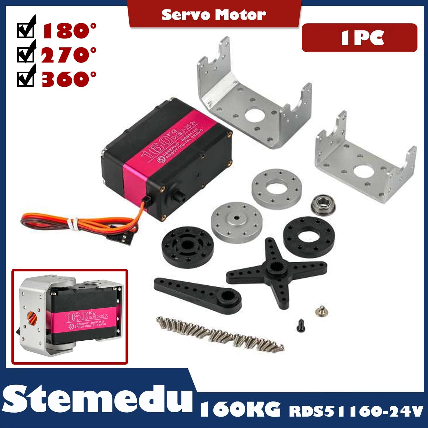 Servo grande 160Kg 24V RC Servo digitale RDS51160 Metal Gear a coppia elevata 180 ° /270 ° Servo robotico a doppio albero per robot drone FPV