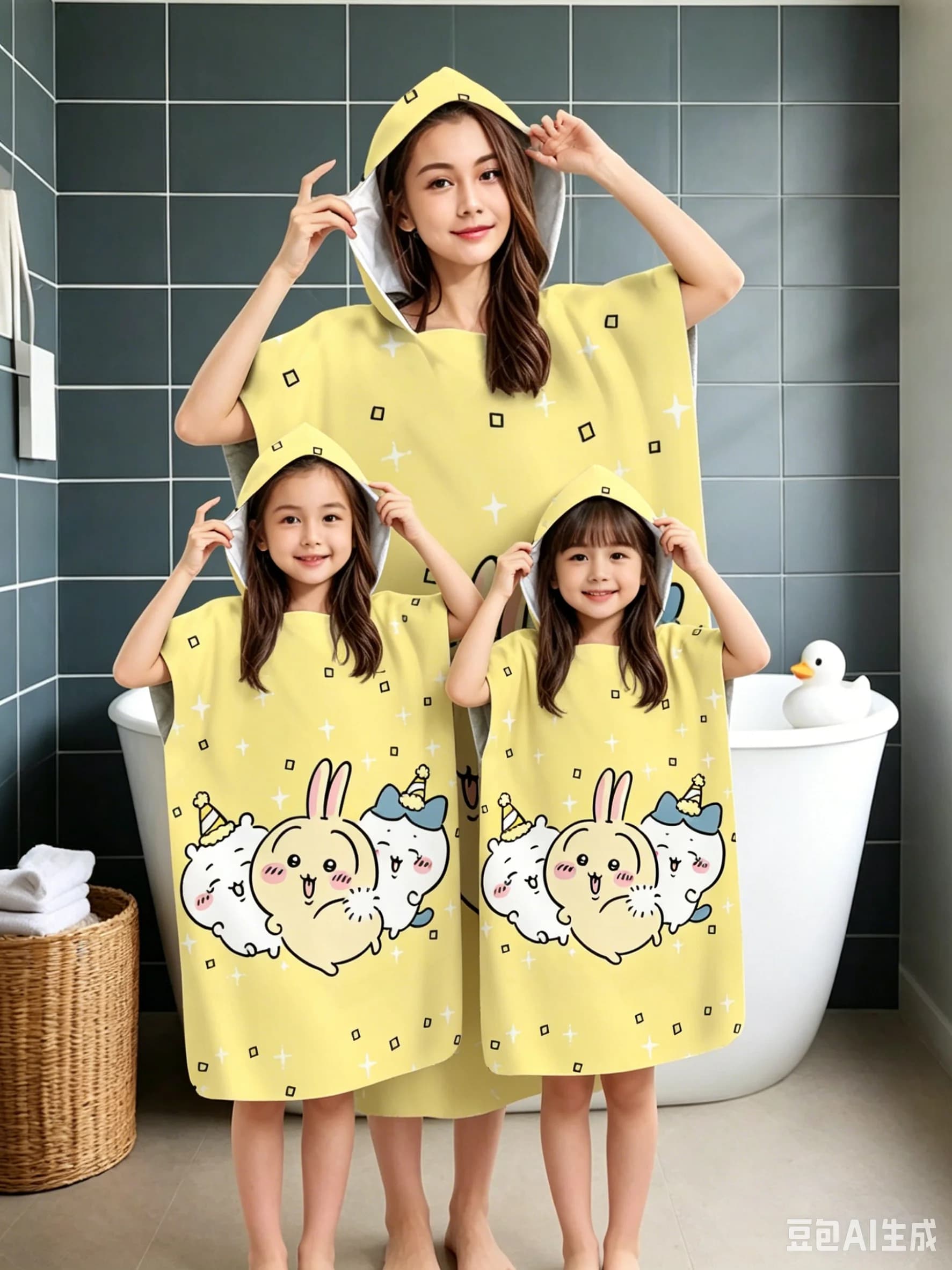 Chiikawa Family Matching Hooded Bathrobe, Cute Cartoon Poncho Towel for Adults & Kids Quick Dry Beach Pool Shower Robe
