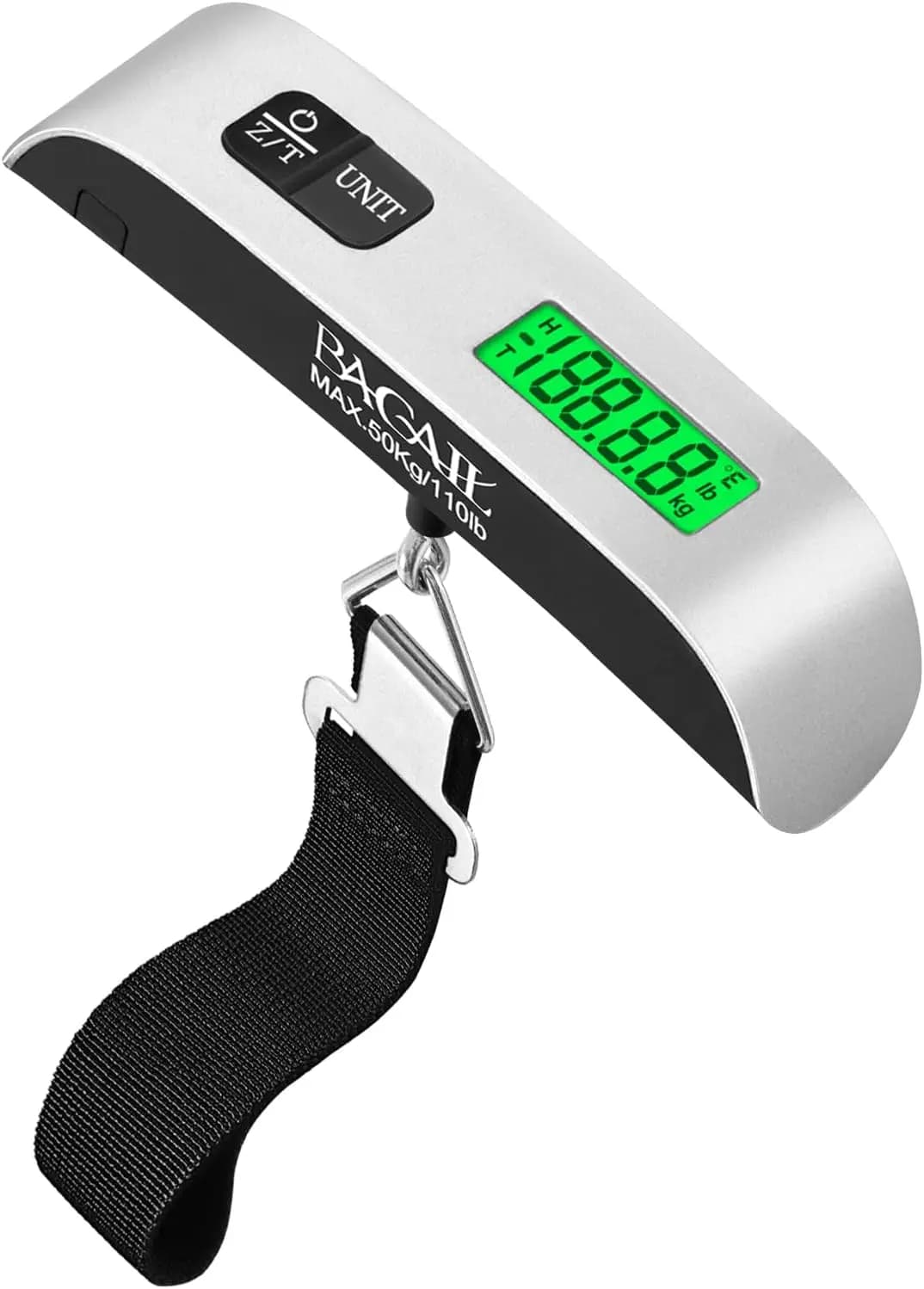 Bilancia Digitale per Bagagli, Bilancia a Gancio da 50 kg con LCD Retroilluminato, Bilancia Portatile da Viaggio con Gancio e Cinghie Robuste