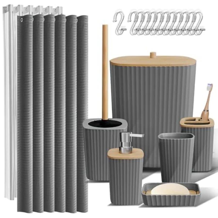 Set di Accessori per il Bagno - Set Completo, Set Tenda Doccia, Spazzola WC, Cestino e Dispenser Sapone