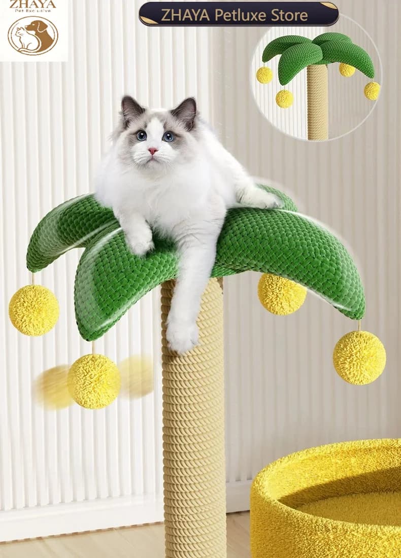 ZHAYA Coconut Tree Cat Tree Space Saving Nest Scratcher Post Combo Climbing Tower Kitten Activity Center Play Toy Pet Supplies
