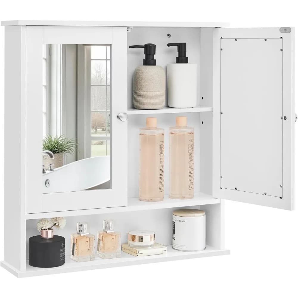 Armadietto a specchio da bagno a parete con ripiano regolabile e scomparto aperto, bianco