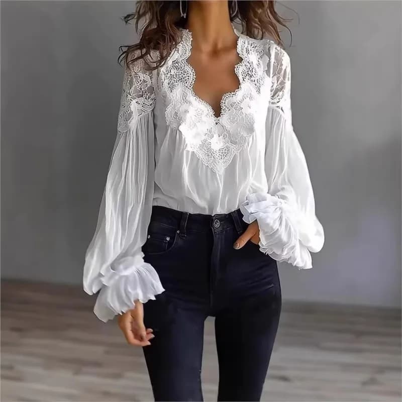 Women's blouse with lantern sleeves and lace inserts, sexy V neckline, black and white, elegant, solid color, for office, chic, woman's