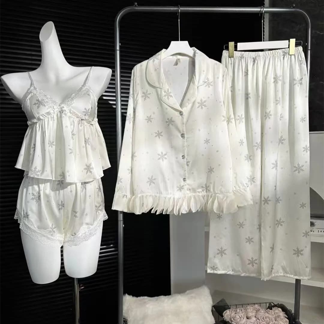 Summer Print Snowflake Pajamas Four Piece Suit Sexy Silky Satin Women's Sleepwear Pijamas Suit Loungewear
