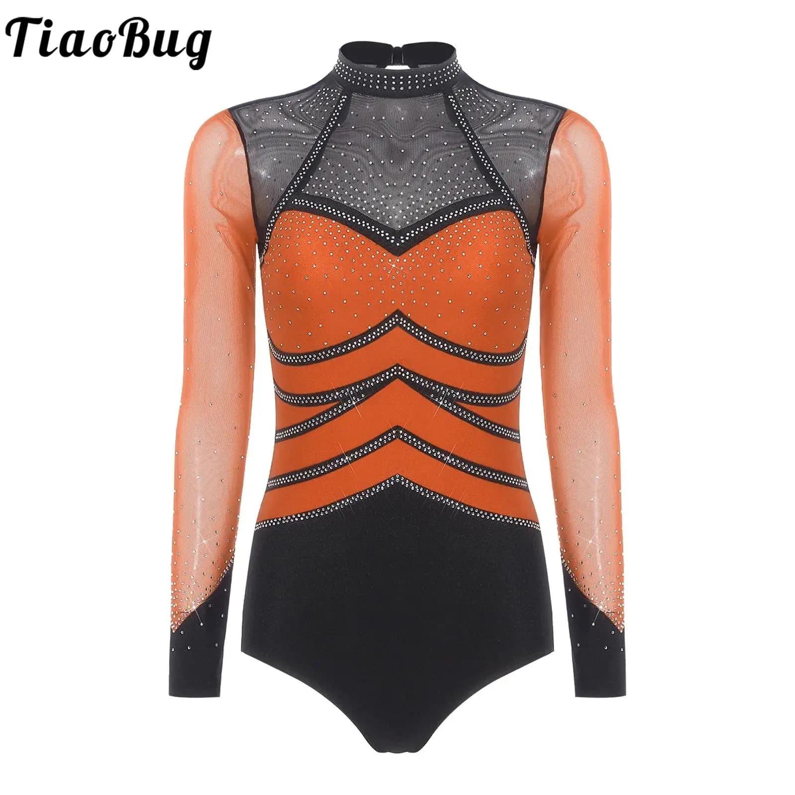 Women Rhinestones Rhythmic Leotards Gymnastics Bodysuit Sheer Mesh Long Sleeve Crotch Buttons Jumpsuit Figure Skating Dancewear