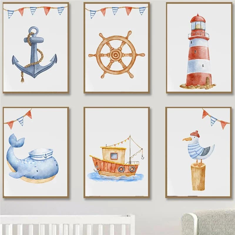 (2D Canvas painting) Watercolor Nursery Nautical Ocean Boat Anchor Lighthouse Poster Prints,canvas Painting for Boy Room Home