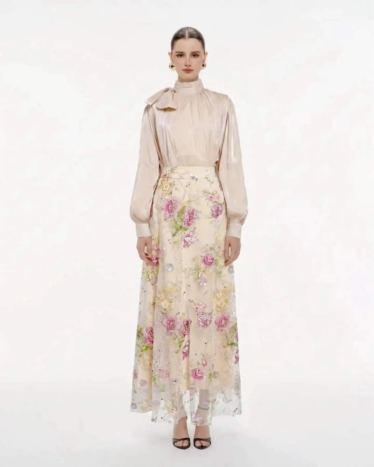 High Quality 2026 Women 2 Piece Set: Bow Neck Blouse & Floral Embroidered Tulle Maxi Skirt Formal Party Outfit 2 Colors