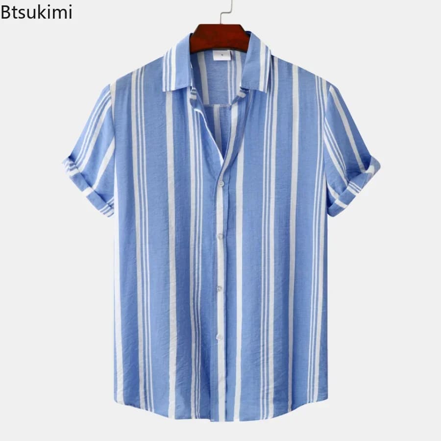 Camicia Estiva da Uomo 2026 a Maniche Corte a Righe Traspirante Stile Hawaiano da Spiaggia con Colletto Rovesciato e Bottoni Casual