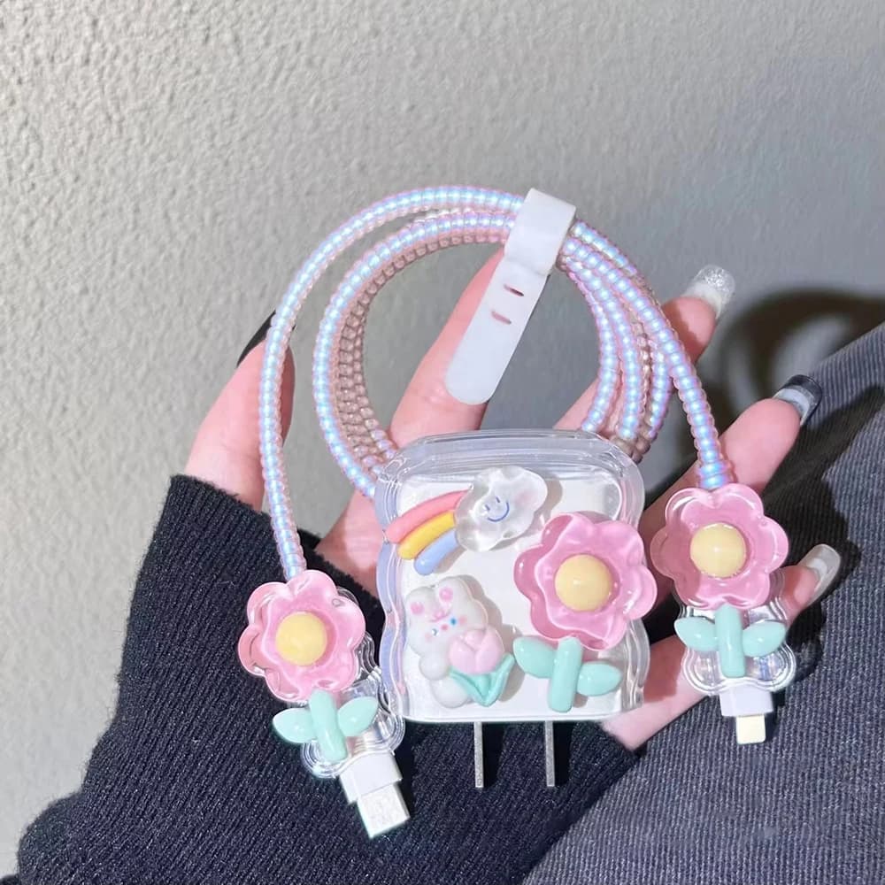 Cute Flower Rabbit Cable Charger Case For iPhone 17 16 13 Pro Max 18W 20W US Fast Charging Head Cover Protective Cable Organizer
