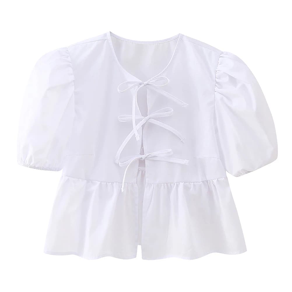 Camicetta 1 pezzo con lacci, maniche lunghe, scollo rotondo, in poliestere, tinta unita, primavera estate, per tutti i giorni, appuntamenti, uscite, moda