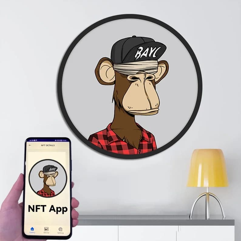 OEM personalizzato 23,6 "Nft schermo rotondo Android 11.0 Crypto-Art cornice Wifi video foto legno Smart Digital Token Nft Display Frame