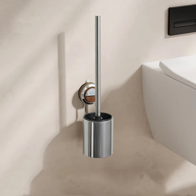 Spazzola per WC in Acciaio Inossidabile con Supporto a Ventosa, Strumento per la Pulizia del Bagno Montabile a Parete Senza Foratura con Dettagli in Legno, Facile da Pulire