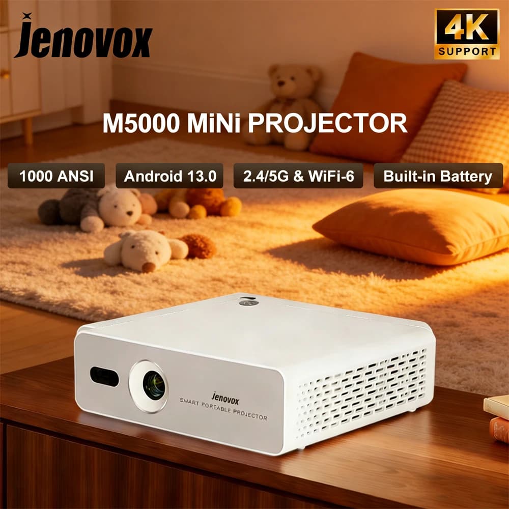 Proiettore DLP Mini Jenovox M5000 4K Portatile per Home Theater con Batteria Integrata per Campeggio TV Esterna Sistema Smart Android 13 Type-C