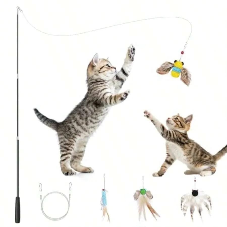 【Nuovo Arrivo】Giocattolo per Gatti Retrattile con 4 Ricariche di Piume, Gioco Interattivo per Gatti e Gattini da Interno