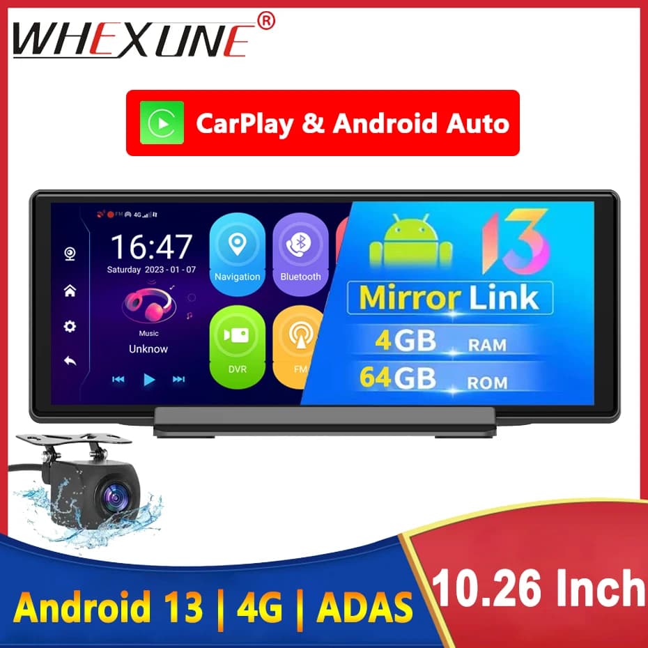 Mirror Retrovisor with Dash Cam 4G+64G, Screen IPS 10.26, Android 13, GPS navigation, Carplay, Android AUTO, Double lens, Video recorder
