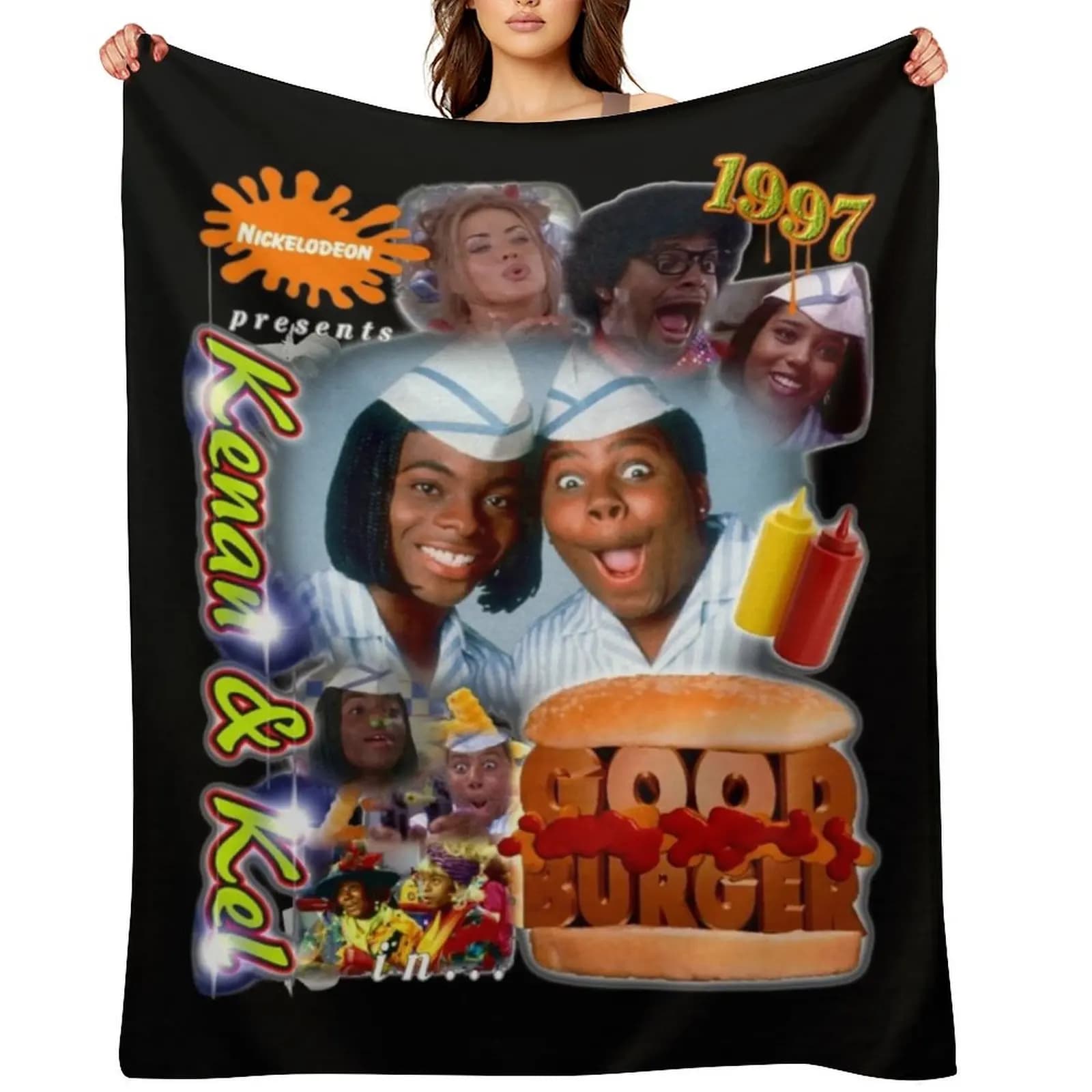 Vintage style cover Good Burger, Valentine's Day gift ideas, picnic sleeping bag, hair blankets