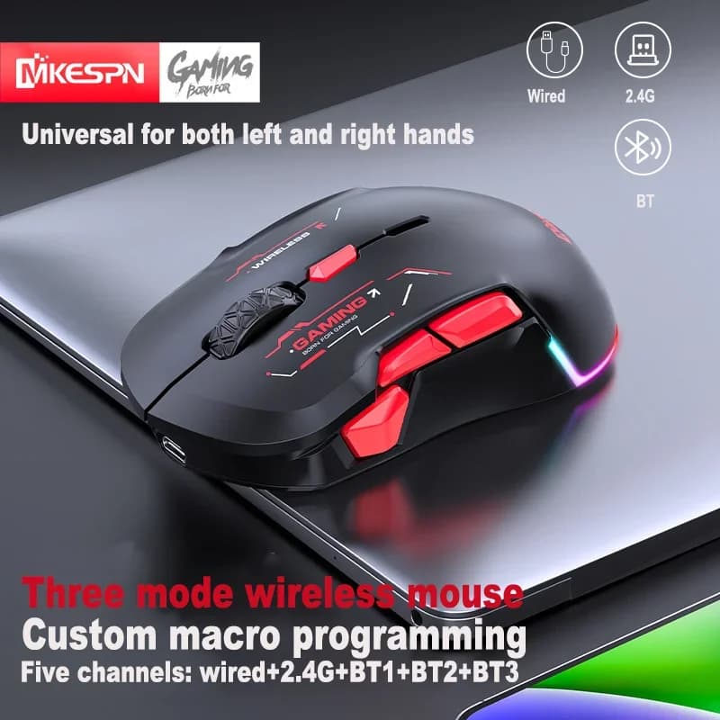 Esports Wireless Gaming Mouse,10-Key Macro,2.4G/Bluetooth/Wired Tri-Mode,10000 DPI,RGB Backlight,Type-C Rechargeable,For Laptop