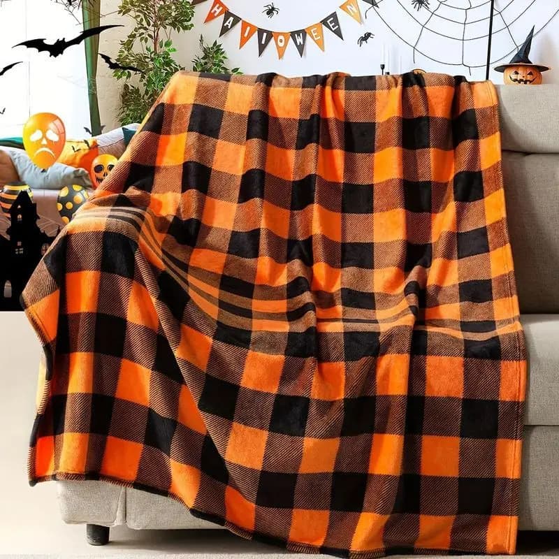 VIKAMA Orange Black Plaid Flannel Throw Blanket Farmhouse Style Halloween Print Cozy Warm Sofa Bedroom Home Decor