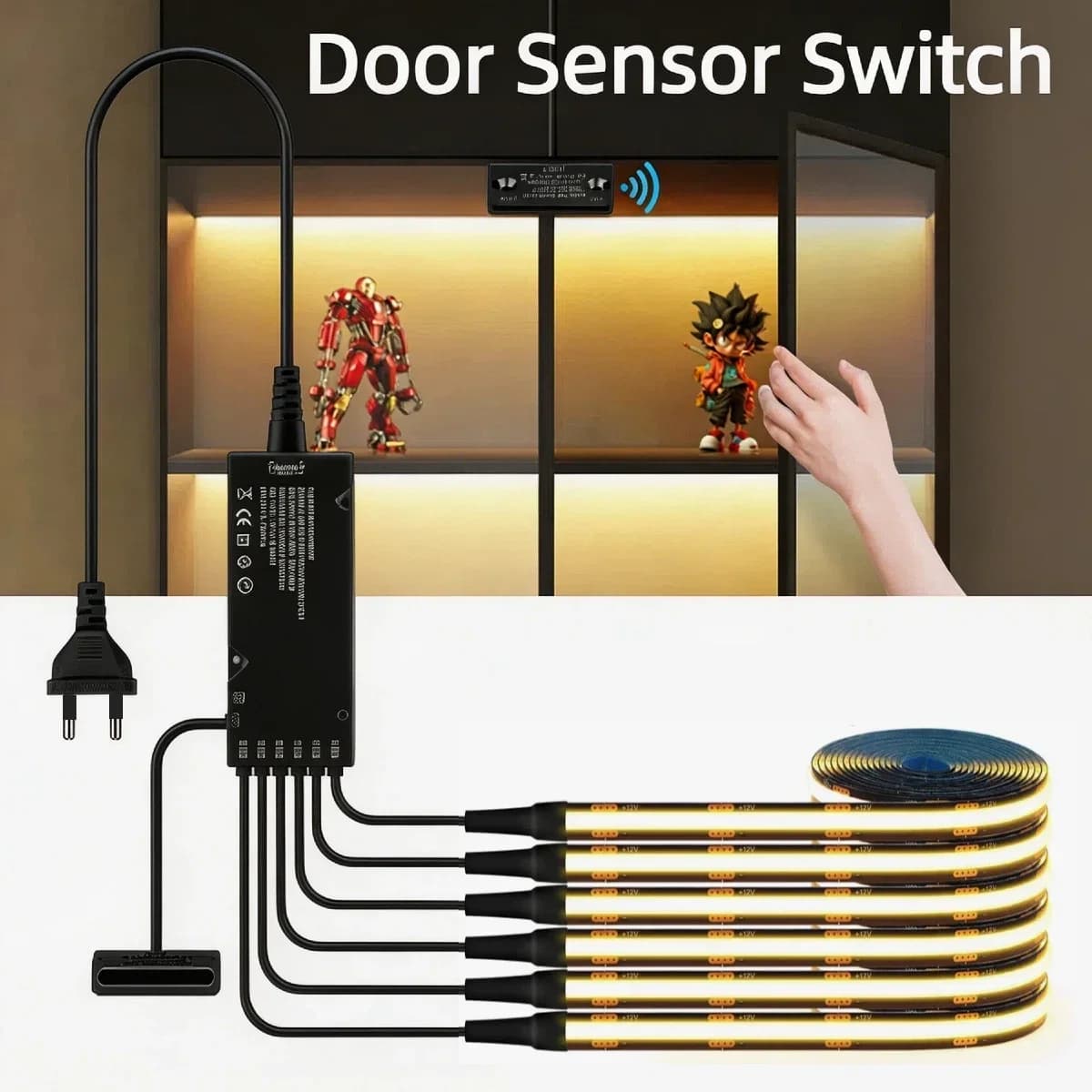 1-10 Pezzi Strisce LED COB Nere 12V con Interruttore Sensore Intelligente a Doppia Porta, Set di Luci per Armadietti da Cucina e Guardaroba
