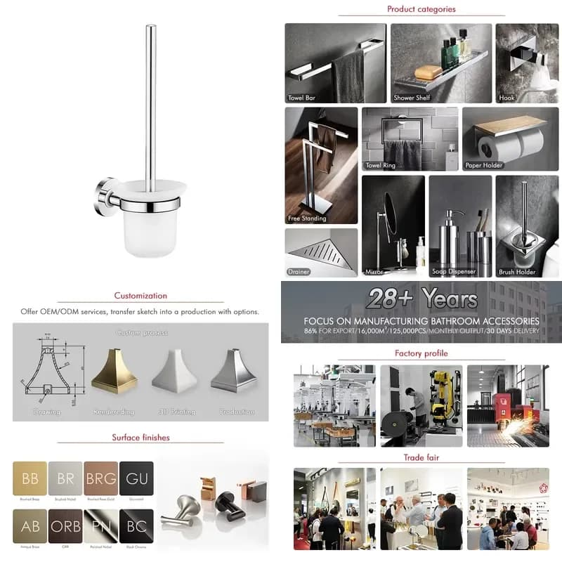 Modern Durable Wall Mounted Brass Chrome Plated Base Toilet Brush Set with Round Clear Glass for Bathroom
