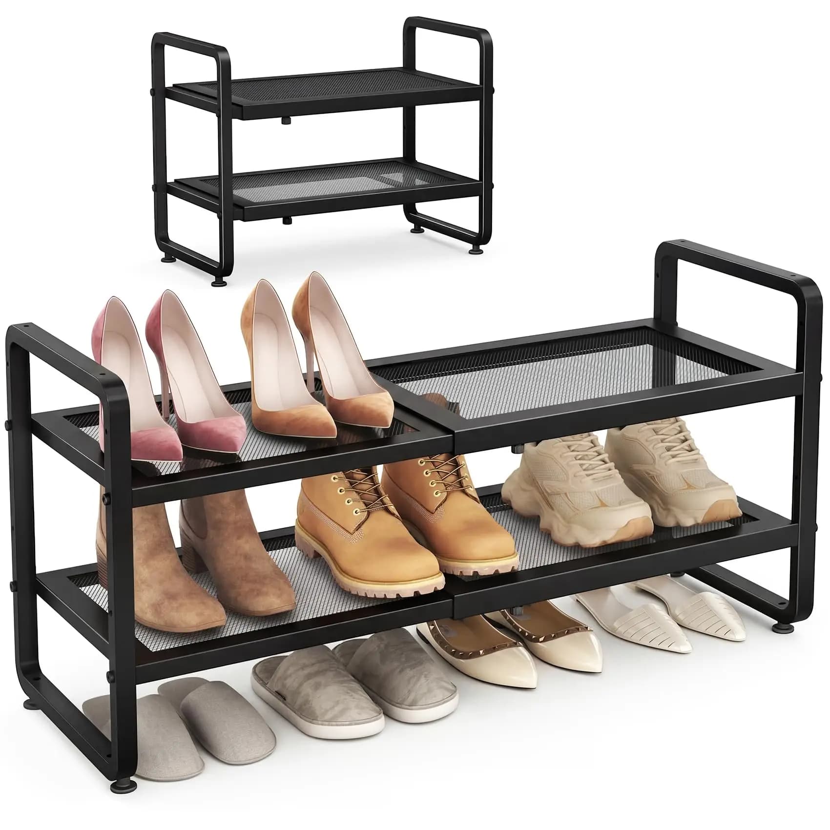 Organizzatore per scarpe in metallo nero a 2 livelli regolabile con ripiani in rete per stivali, tacchi e calzature casual, contenitore impilabile per