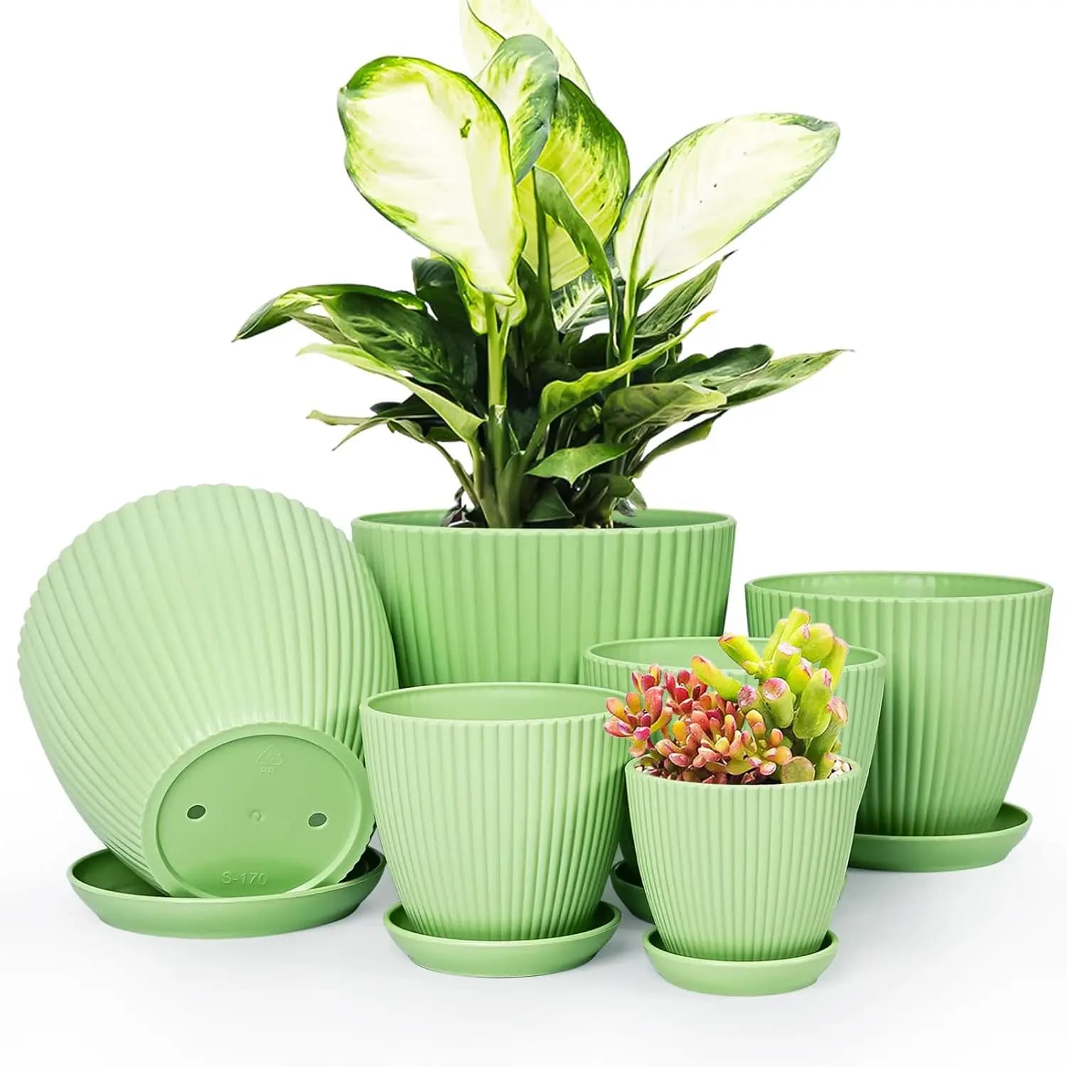 Set of 6 Plastic Vases with Subvases and Drainage, Plain Green Indoor Planters, Measures 3.5-7.5 Inches for Various Plants
