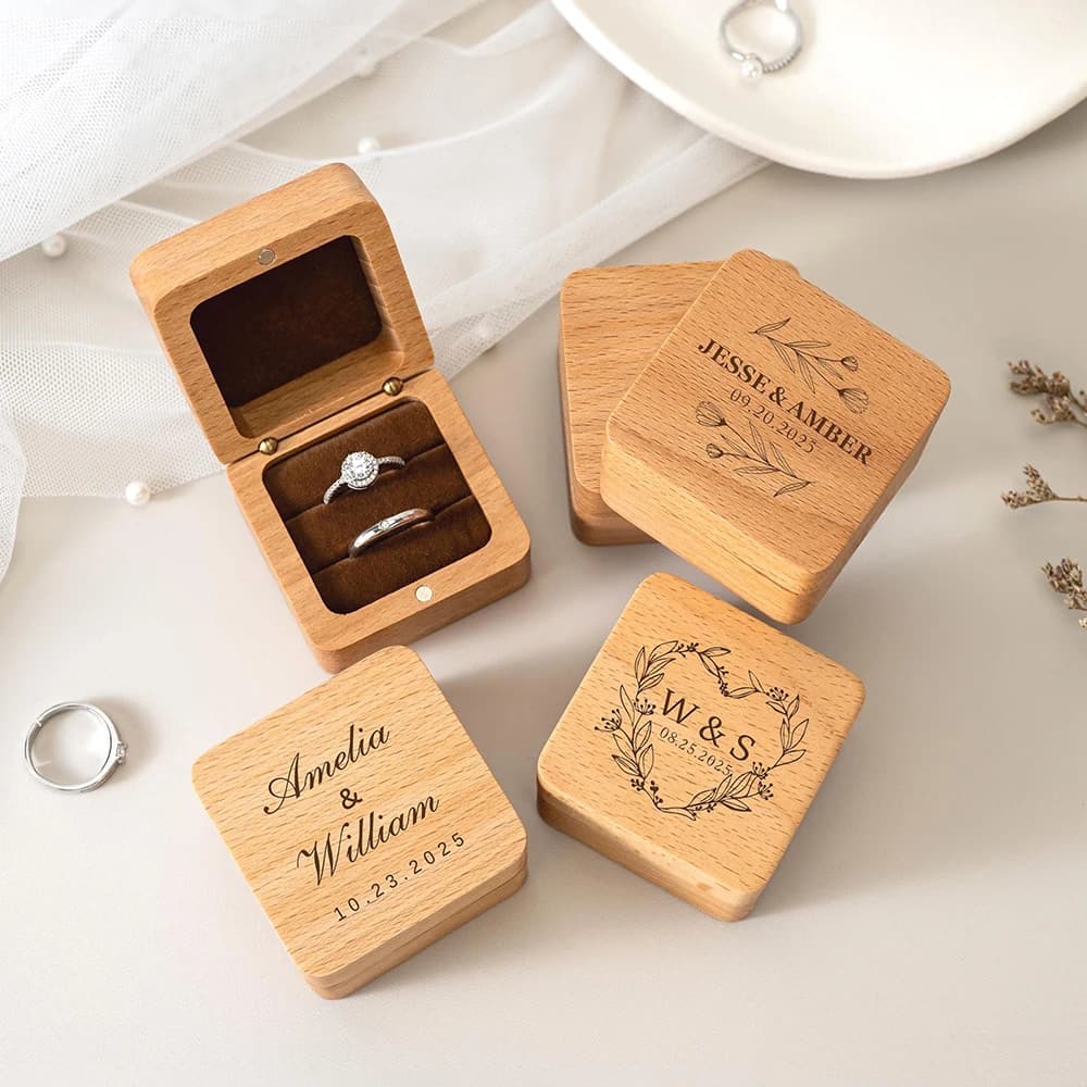Custom Wood Ring Box, Nutrial Ring Square Box, Fidencing Ring Door, Laser Engraving Pair Gifts