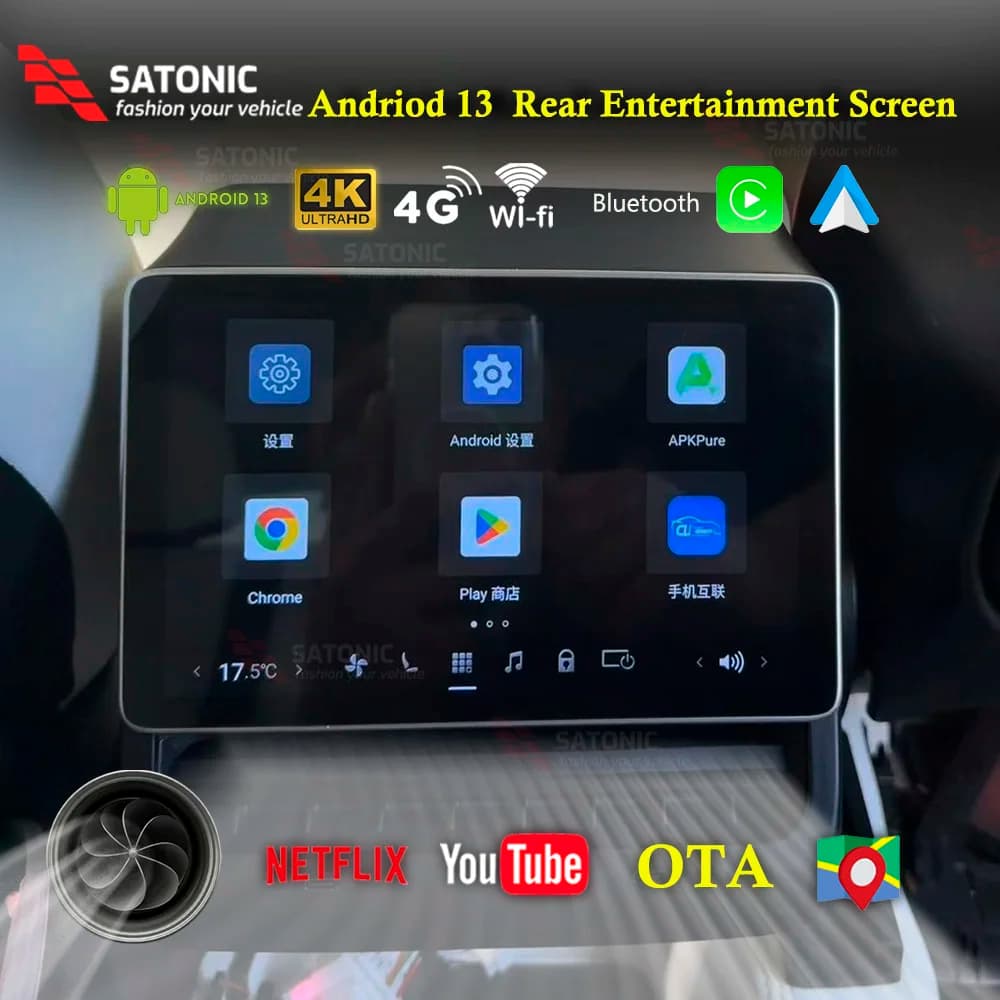 SATONIC Schermo di intrattenimento posteriore da 8,8 pollici Visualizzatore climatico per Telsa Modello 3 e Y Carplay Doppia cuffia 4G WiFi 64G 4G OTA