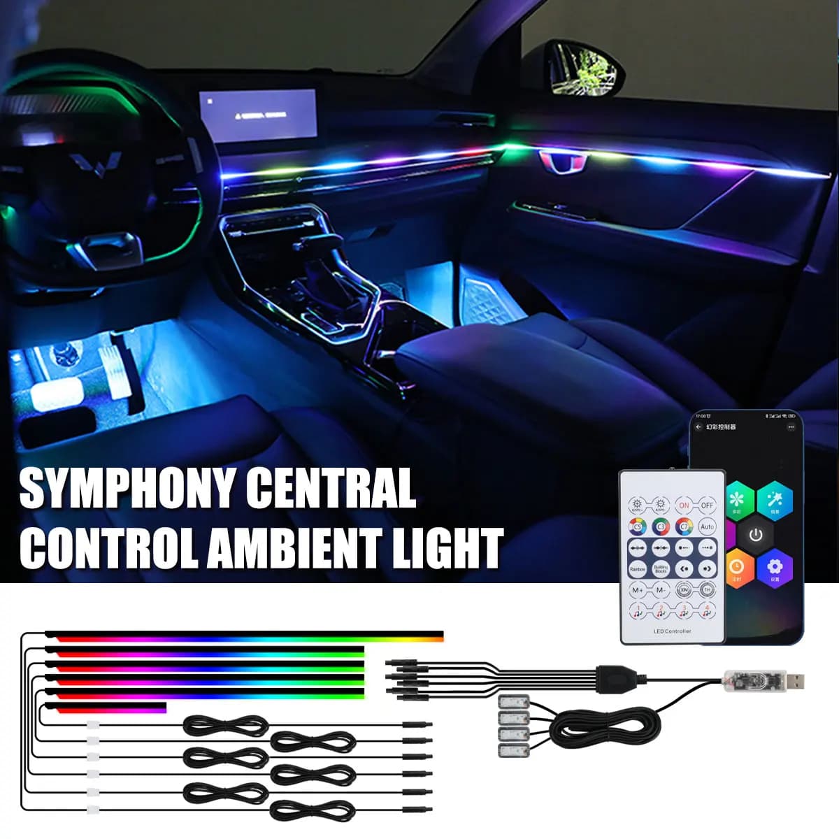 Luci ambientali per auto sinfoniche universali LED interni RGB Streamer Lampada d'atmosfera USB APP Controllo remoto per Tesla Model 3 YSX