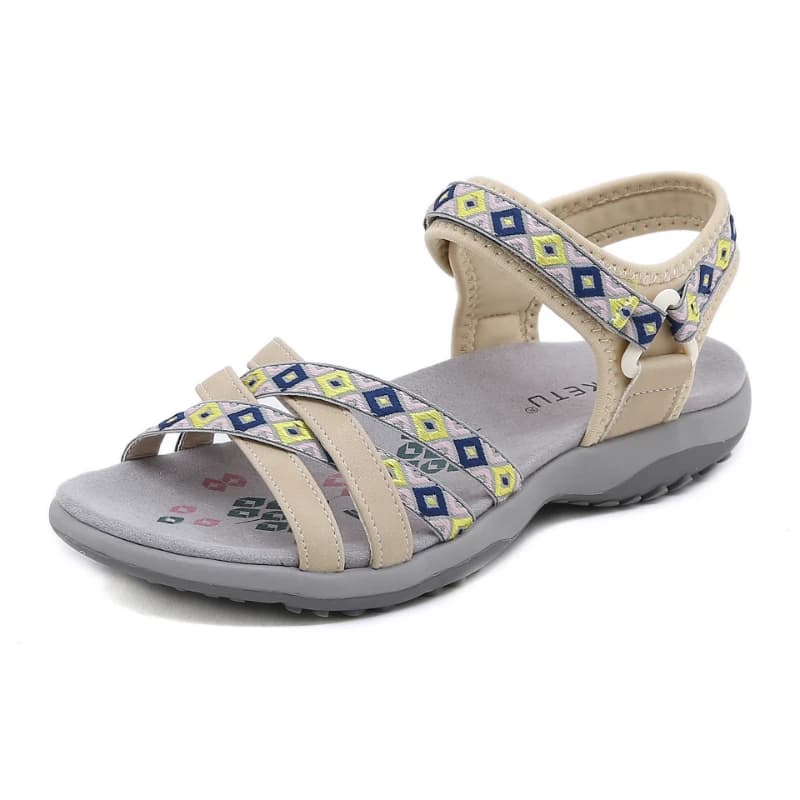 Sandali piatti da spiaggia casual comodi con velcro stampato primaverile ed estivo per il tempo libero in stile etnico da donna, comodi e semplici