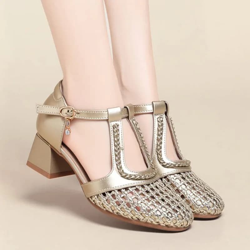 Sandali Eleganti in Maglia con Tacco Largo da 4,5 cm, Punta Rotonda, Estivi 2026, da Donna, Stile Gladiatore, per Ufficio, Quotidiani, Mamma, Argento
