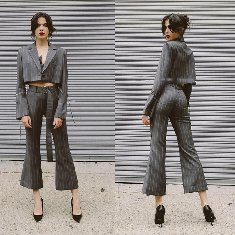 Pantaloni Eleganti a Righe Stile Chic, a Vita Alta, in Cotone, con Cintura, Lunghi fino al Caviglia, Set alla Moda per il Lavoro