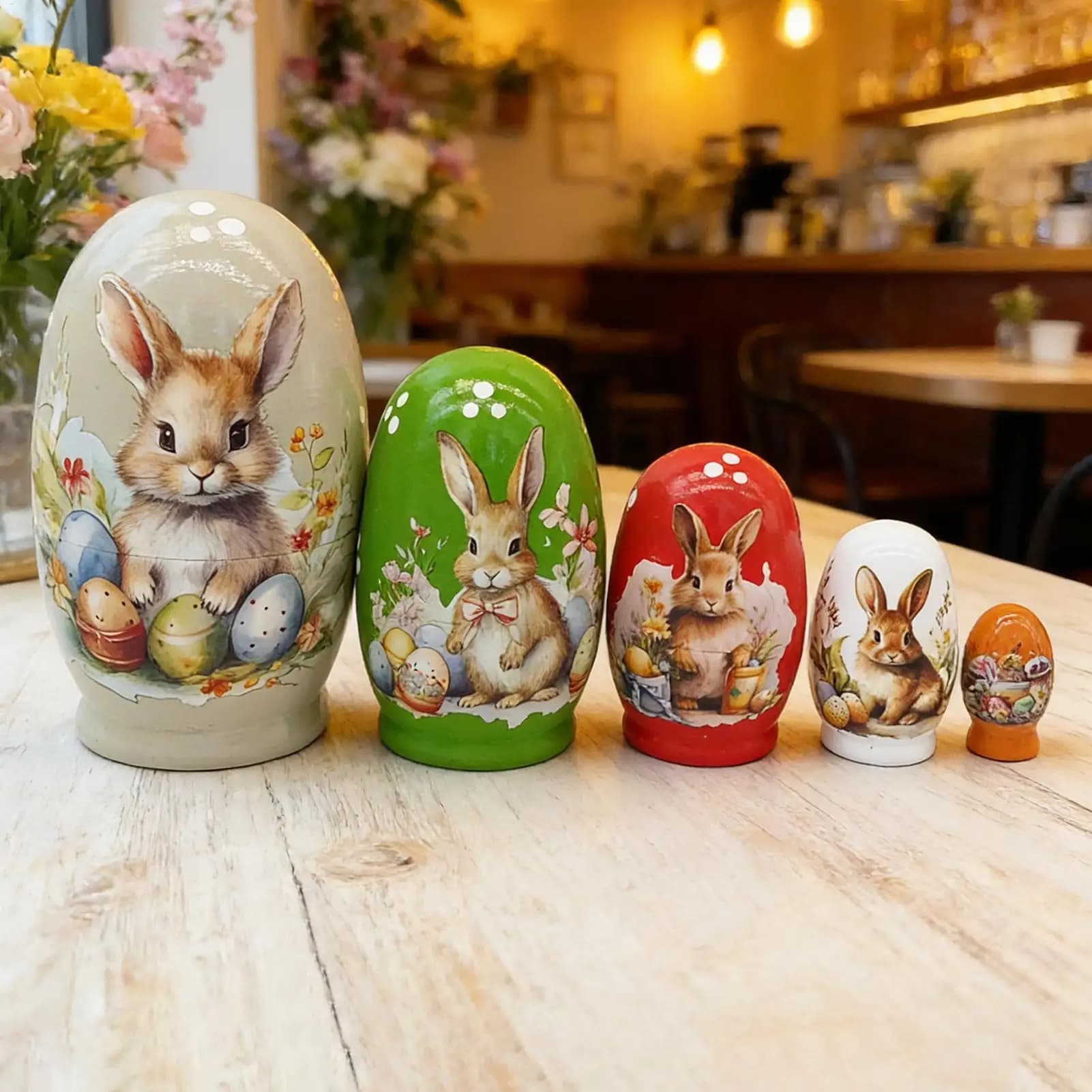 Bambole Matryoshka in Legno a Forma di Coniglietti Pasquali, Decorazioni Primaverili per Mensola, Tavolo da Pranzo e Casa