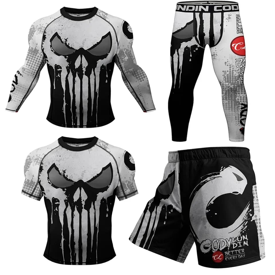 Jiu jitsu Rashguard Uomo MMA Boxe T-shirt + Pantaloni Set Compressione Rash Guard Abbigliamento sportivo Bjj Kickboxing Maglie Muay Thai Pantaloncini