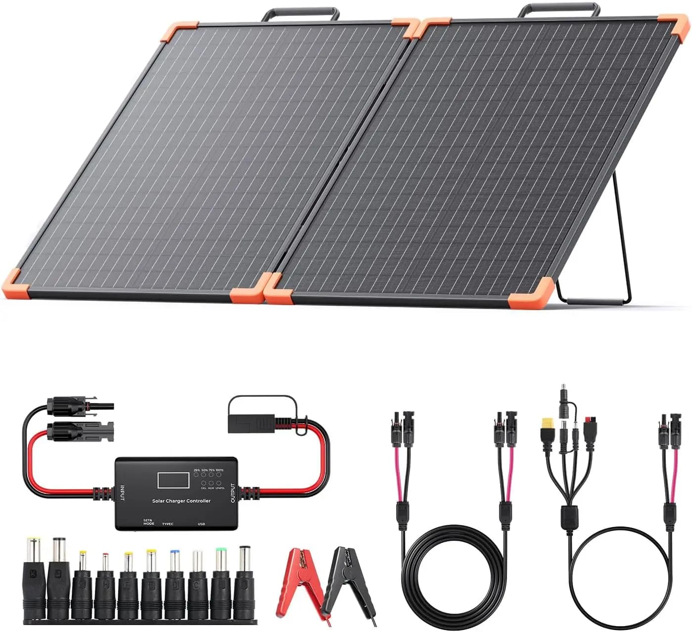 Kit Pannello Solare Portatile Pieghevole da 100W con Regolatore PWM, Impermeabile IP68 per Camper, Campeggio e Sistemi Off-Grid