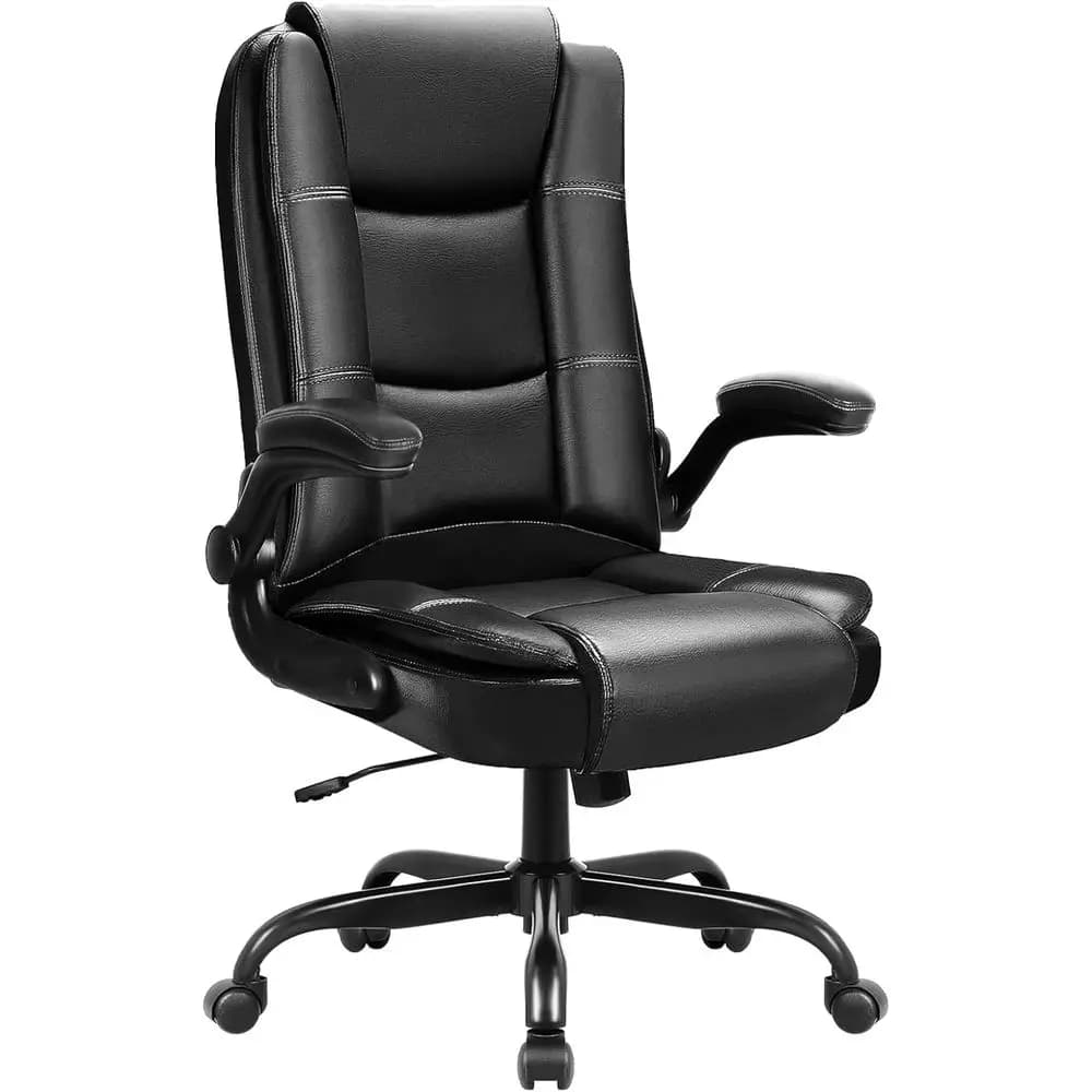 Ergonomic High-Back Office Chair with Lumbar Support, Padded Armrests, Adjustable Height, Swivel Leather Executive Chair (Black)