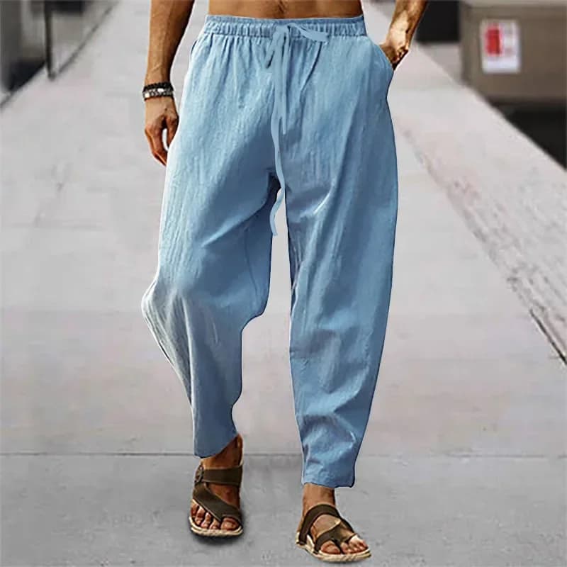 Pantaloni Uomo 2026 in Cotone e Lino, Estivi e Autunnali, Tinta Unita, Vita Alta, Gamba Larga, Casual, Traspiranti, Sportivi