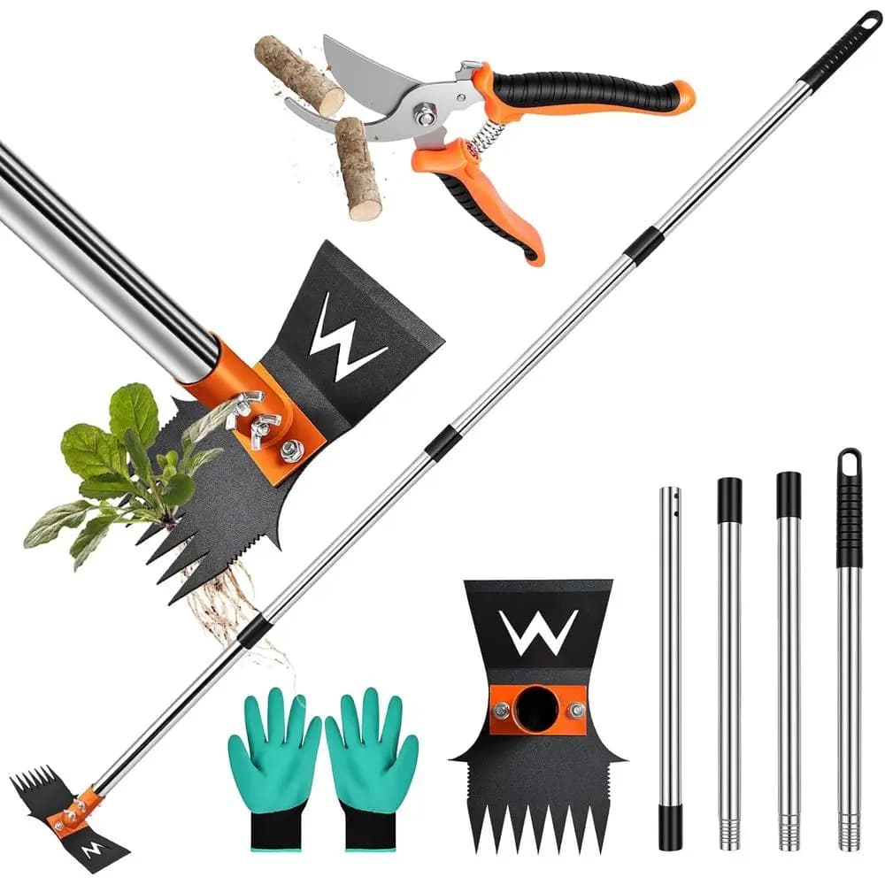 60 Inch Long Handle Weed Remover Tool, 3-in-1 Manual Weed Rake, Grabber, and Pruning Shears for Lawn and Garden Maintenance