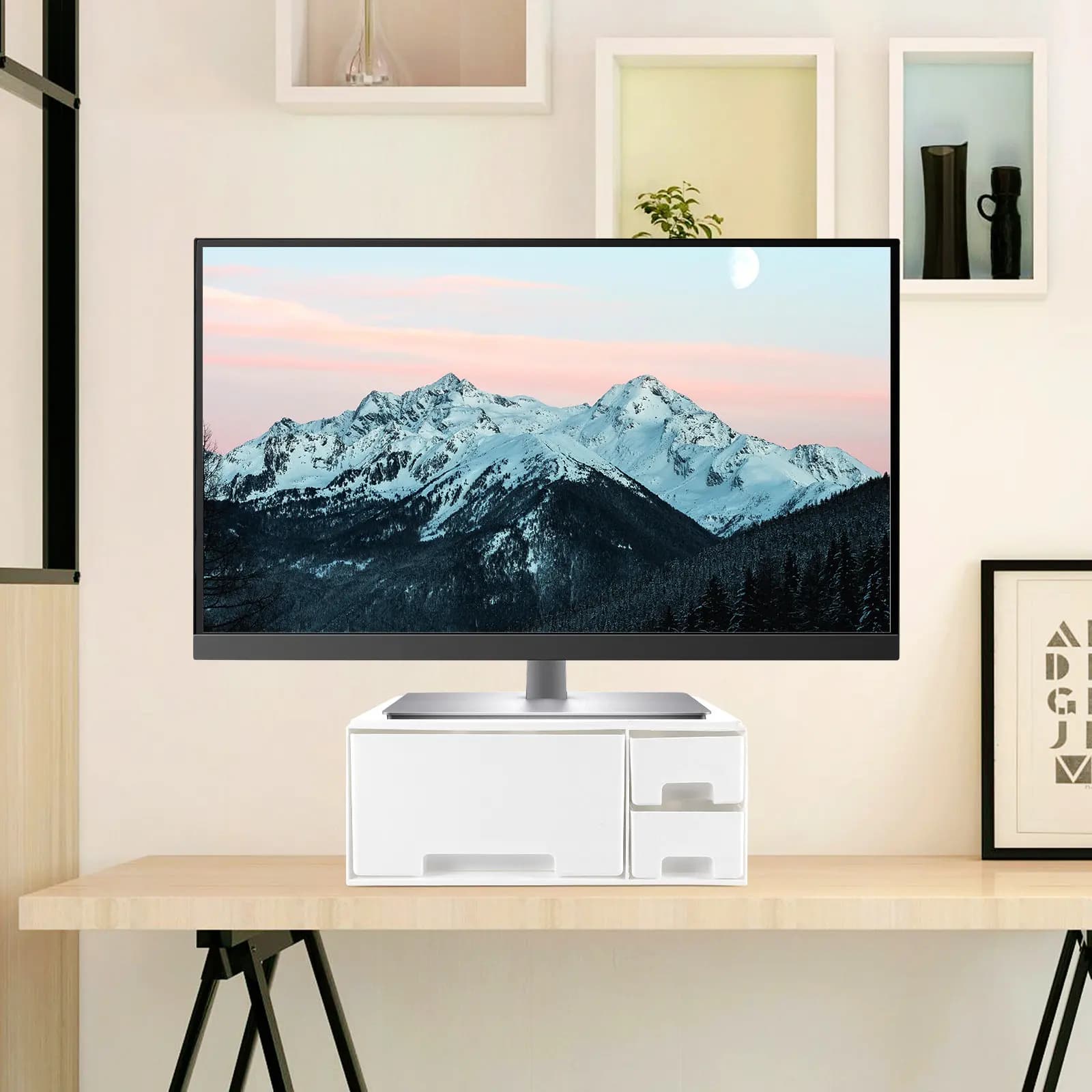 1Pcs White Computer Display Monitor Riser Elevated Stand Rack Screen Holder Organizer Drawer Desktop Storage for Office