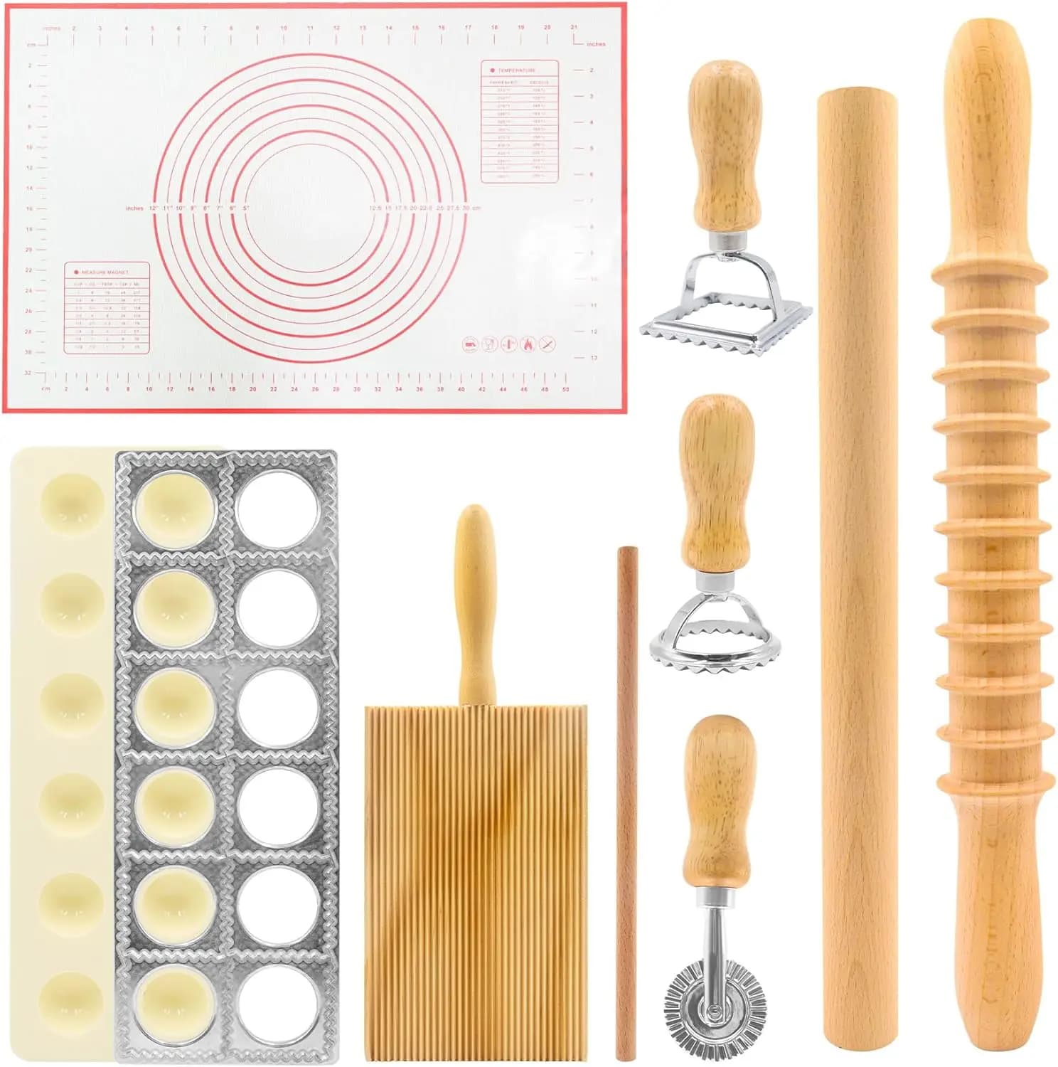 Kit per Fare la Pasta 8-in-1 con Tappetini in Silicone e Rullo in Legno per Ravioli, Gnocchi e Dumpling Fatti in Casa